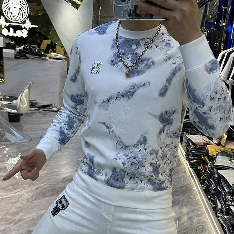 Trend Versatile Sping Autumn New Men O-Neck Graffiti Printing Contrast Color Fashion Luxury Casual Long Sleeve Sweatshirts Tops