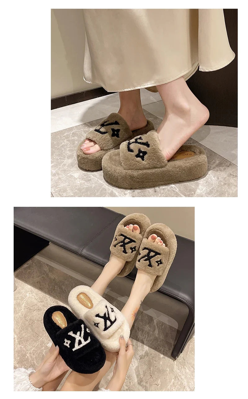 women's slippers solid color fluffy slippers women's winter fashion New women's shoes  thickened warm floor cotton slippers