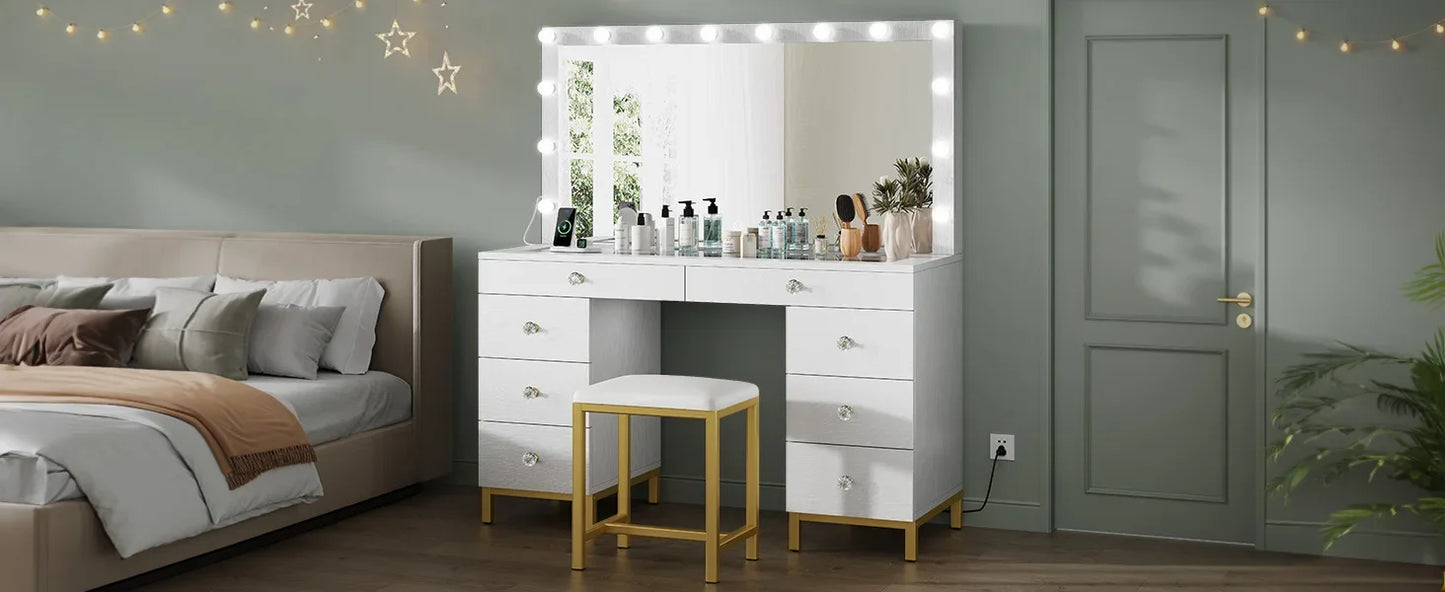 The Dressing Table Comes with A Mirror, Power Sockets, and 14 Lights. It Has 8 Drawers and 3 Lighting Colors