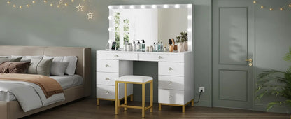 The Dressing Table Comes with A Mirror, Power Sockets, and 14 Lights. It Has 8 Drawers and 3 Lighting Colors