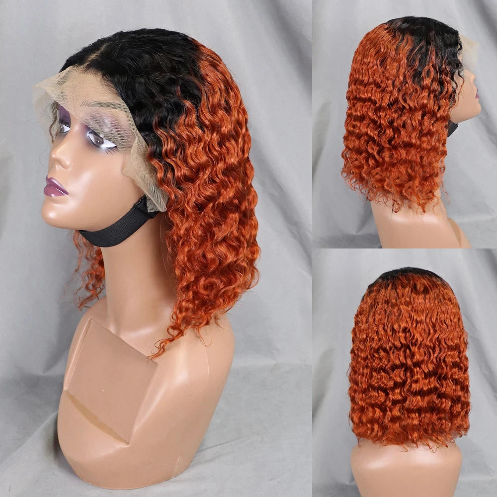 13x4 Lace Front Wigs 200% Density Bob Water Wave Wig 4/27 Human Hair Curly Human Hair with Baby Hair Wigs for Women 10-16 Inches