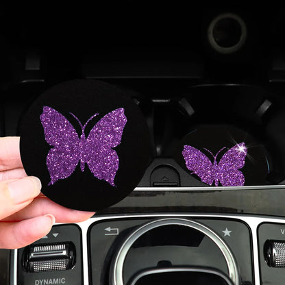 Two Cute Pink Butterflies Glitter Light Car Water Cup Pads for Women with Car Accessories