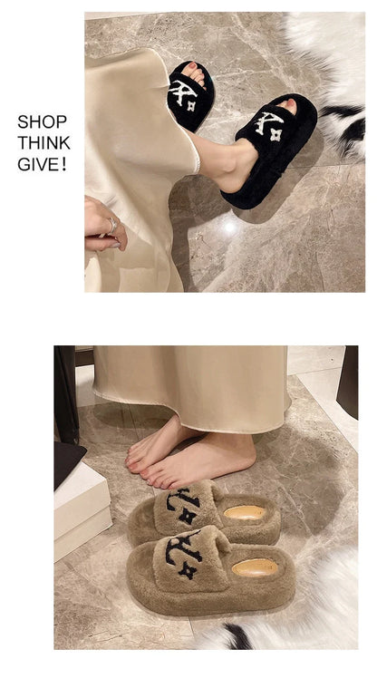 women's slippers solid color fluffy slippers women's winter fashion New women's shoes  thickened warm floor cotton slippers