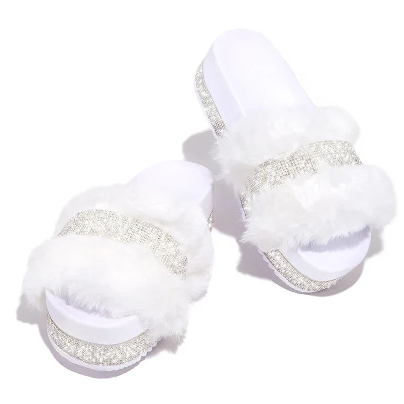 Women Fur Rhinestone Slippers Platform Wedges Without Heel Fluffy Furry Slides Flat Flip Flops Shoes Ladies Shiny Bling