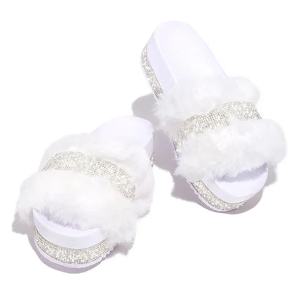 Women Fur Rhinestone Slippers Platform Wedges Without Heel Fluffy Furry Slides Flat Flip Flops Shoes Ladies Shiny Bling