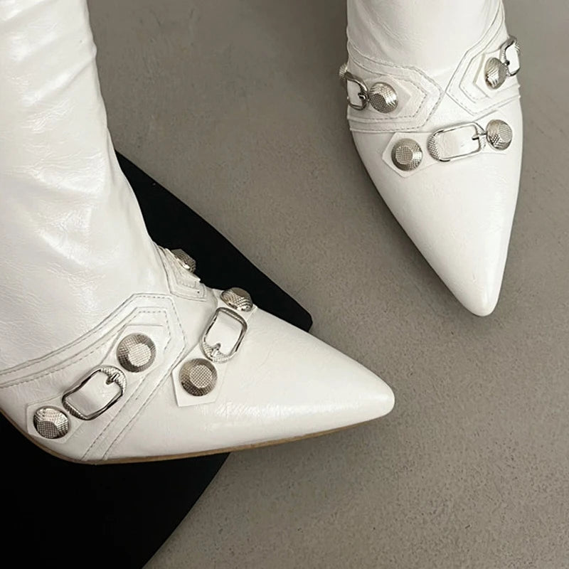 White Boots Women Knee High Fall Shoes Punk Rivet Square Buckle Pointed Toe Long Boots Gothic Low Heeled Black Shoes Botin Mujer