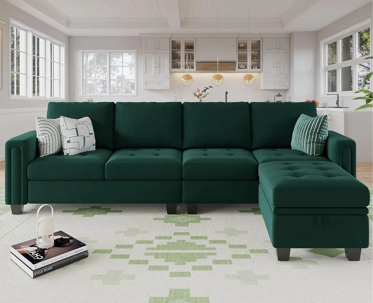 Velvet Reversible Sectional Sofa with Chaise Convertible L Shaped 4 seat Sectional Couch with Storage Ottomans Green