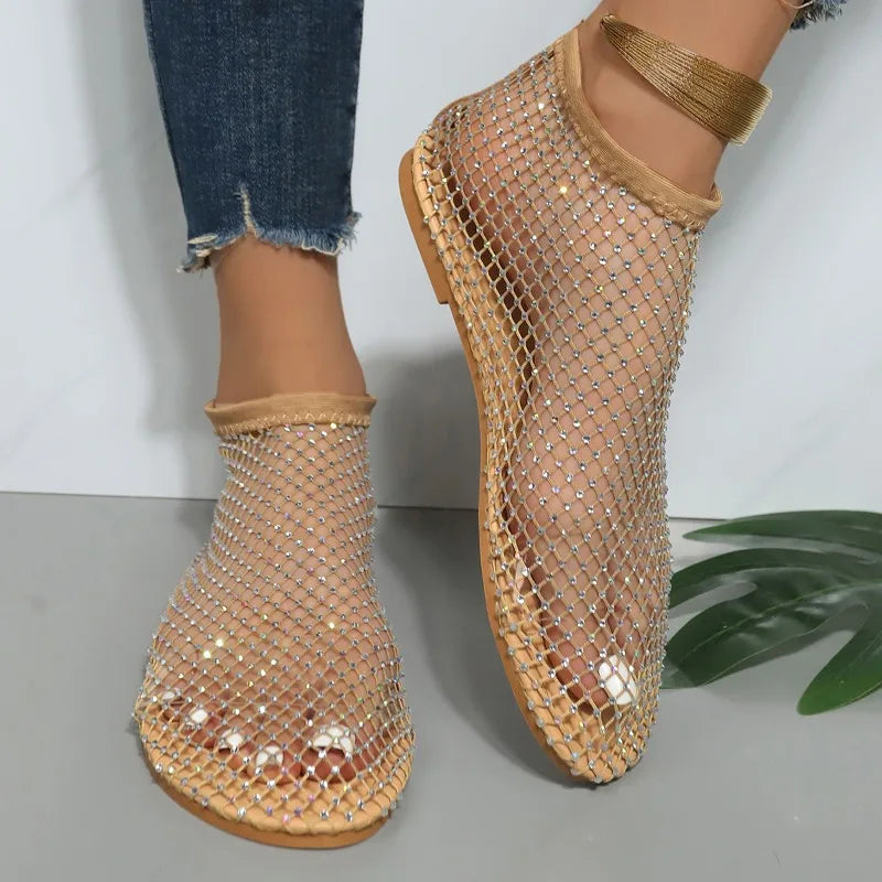 2024Women's Summer New Shiny Rhinestone Designer Anti-Slip Flat Sandals Daily Casual Comfortable Vacation Beach Shoes Large Size