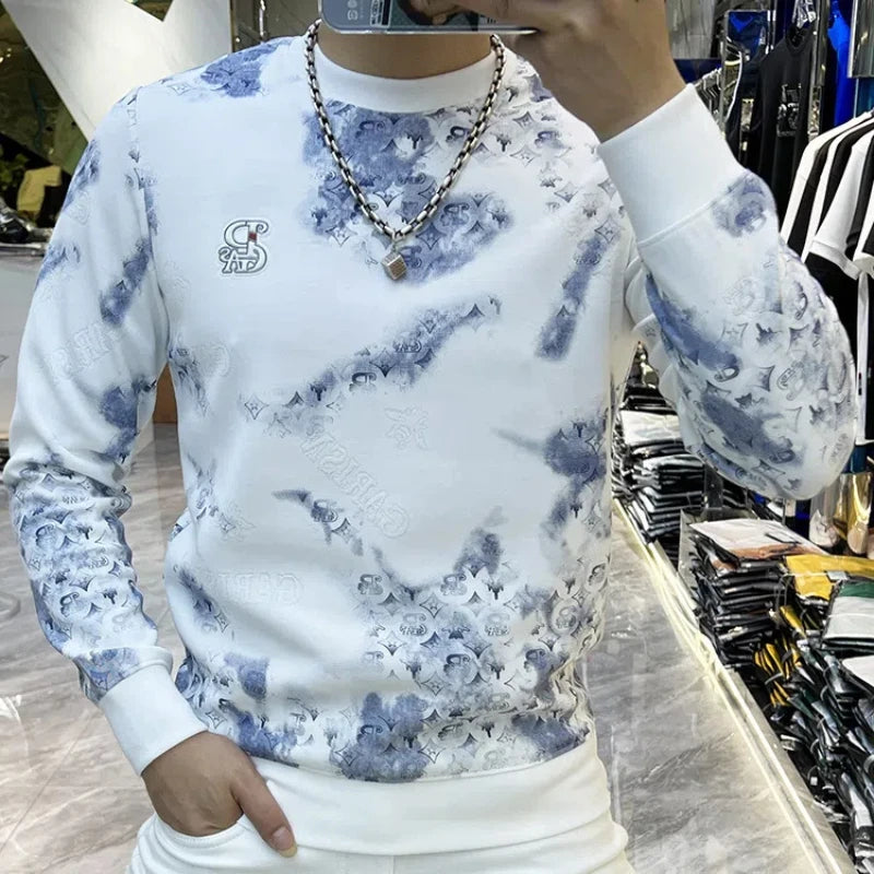 Trend Versatile Sping Autumn New Men O-Neck Graffiti Printing Contrast Color Fashion Luxury Casual Long Sleeve Sweatshirts Tops