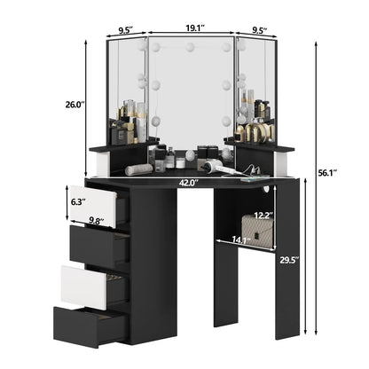 Vabches Corner Vanity Makeup Desk with Lights Tri-Fold Mirror Bedroom Vanity Table with Power Strip 4 Drawer Wood Dressing Table