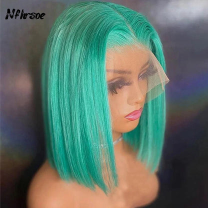 13x4 Mint Green Short Bob Lace Front Human Hair Wigs HD Transparent Straight Colored Frontal Wigs  Bob Wig For Women