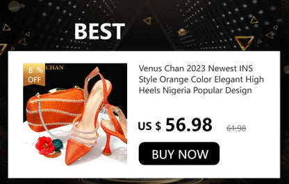 Venus Chan Newest INS Style Peach Color Rhinestone Elegant High Heels Nigeria Popular Design African Ladies Shoes And Bag Set