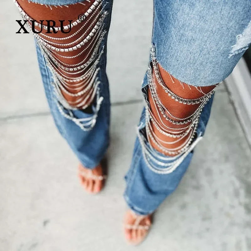 XURU - European and American New Big Hole Jeans Women's Wear, Chain Hanging Straight Length Jeans K82-3286