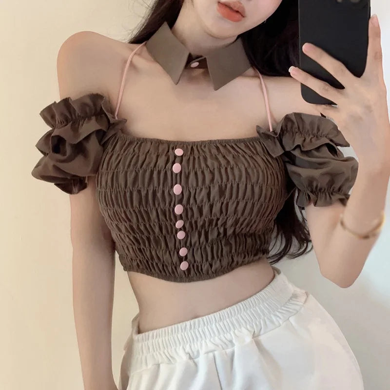 Women's T-shirts Slim Fitting Tie upace up Fashion Sexy Top Wood Ear Edge Lapel Sweet Blouse