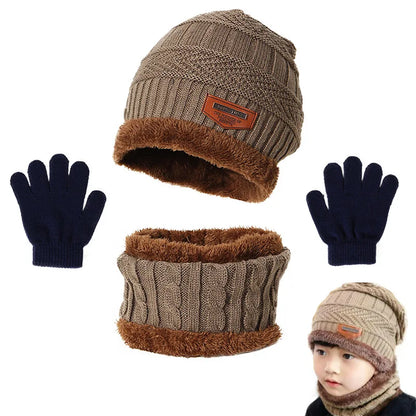 Winter Hat Scarf and Gloves Set Plush Warmer Children Knitted Hat Baby Boys Beanies Cap Neck Scarf Glove Suit For Kids Accessori