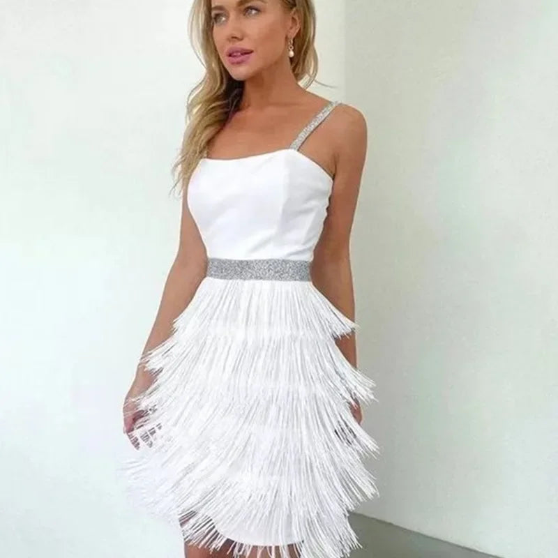 Women's Dresses New Tassel Sexy Low Cut Suspender Sleeveless Midi Party Dress 2024 Summer Fashion