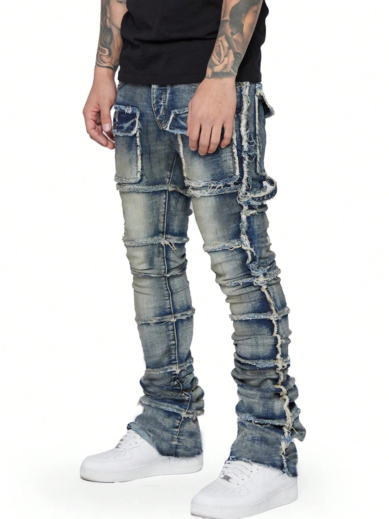 Trendy Men Jeans, European and American Fashionable Workwear with Patch, Elastic, Laminated and Slightly Flared Men Denim Pants.