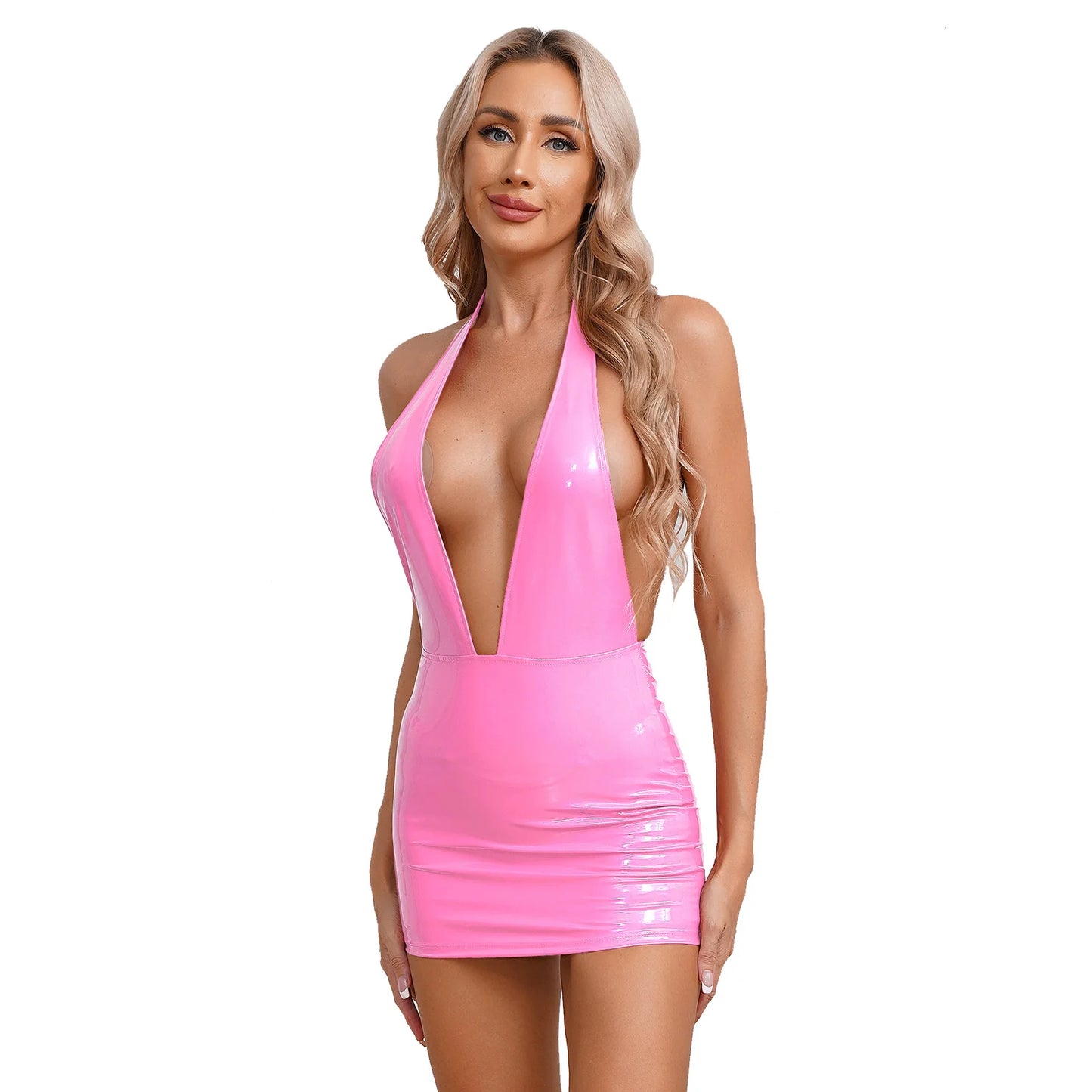 Womens V Neck Backless And Skinny Mini Skirt Dress for Rave Party Patent Leather Glossy Wet Look Dress with Back Zipper Closure