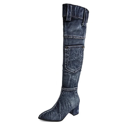 2022 Sexy Jean Boots Women's Knee-High Boot Zipper 6CM High Heel Woman Stylish Jeans Boots Ladies Denim Boot Female Shoes Cowboy - MAGUSTA BEAUTY