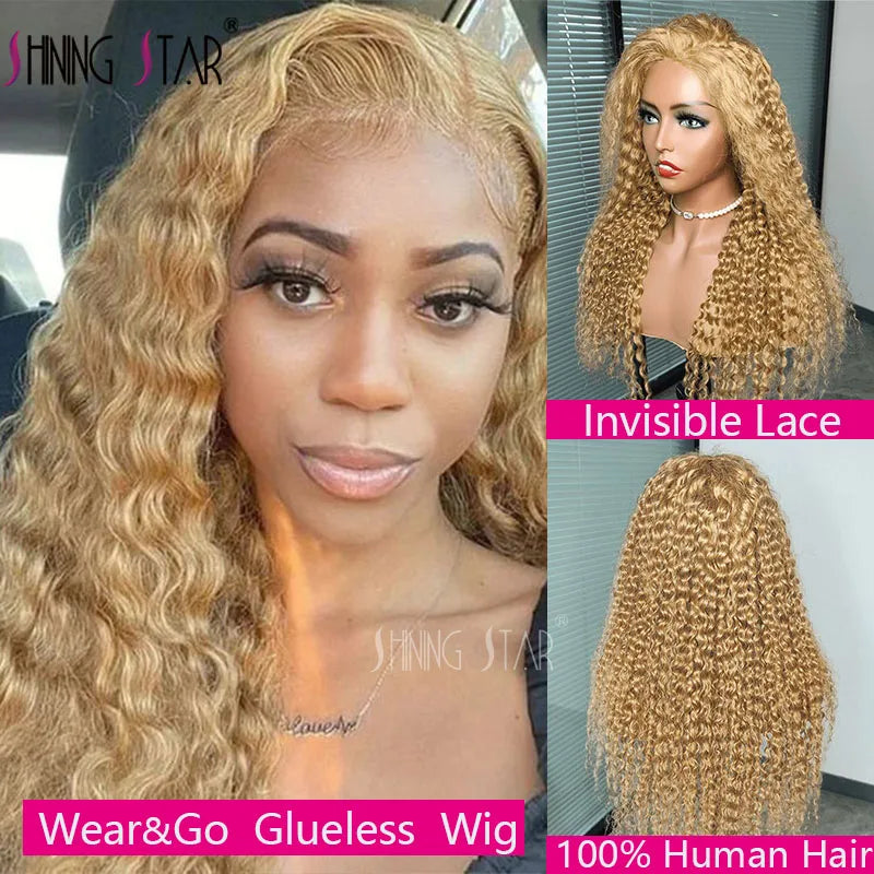 13x4 Honey Blonde Curly Lace Front Human Hair Wigs 13x4 Transparent Lace Frontal Wigs Deep Wave Preplucked Remy Wigs For Women