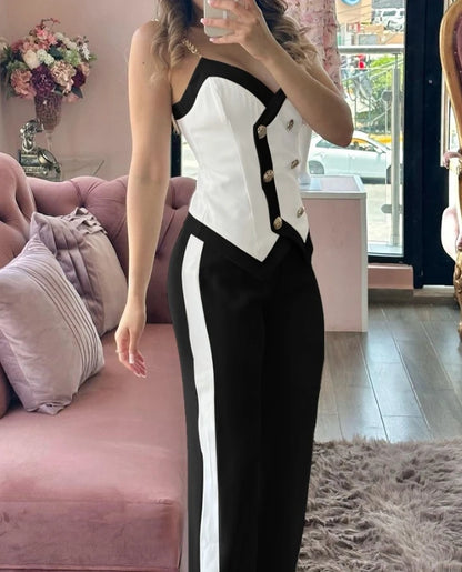 Women's Two-Piece Double Breasted Chain Strap Cami Top&straight Leg Pants Set 2024 Spring V-Neck Sleeveless Skinny Pants Set