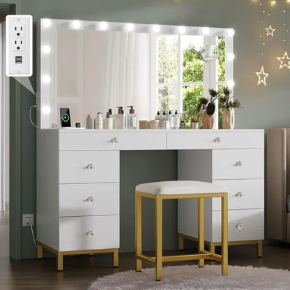 The Dressing Table Comes with A Mirror, Power Sockets, and 14 Lights. It Has 8 Drawers and 3 Lighting Colors