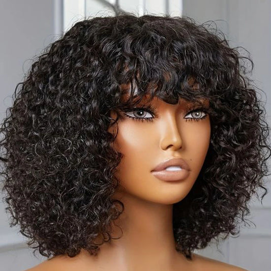 Jerry Curly Short Bob Human Hair Wigs With Bangs Wear To Go Glueless Wig Highlight Honey Water Wave Blonde Colored Wig For Women