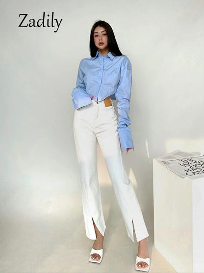 Zadily 2023 Spring Korean Style Long Sleeve White Shirt Women Sexy Button Ladies Crop Tops Blouse Street New In Female Clothing