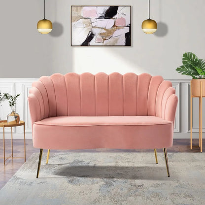 Velvet Loveseat Sofa with Flower Shaped Back, 2-Seater Sofa for Living Room, Comfy Upholstered Love Seat Couch with Gold Legs