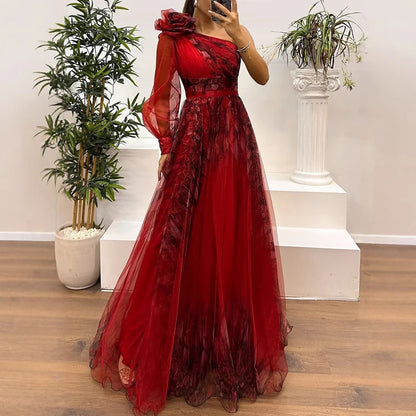 Vintage Pattern Printed High Waist Long Dress Sexy Asymmetric Mesh Evening Dress New One Shoulder Sleeve Pleats Bridesmaid Dress