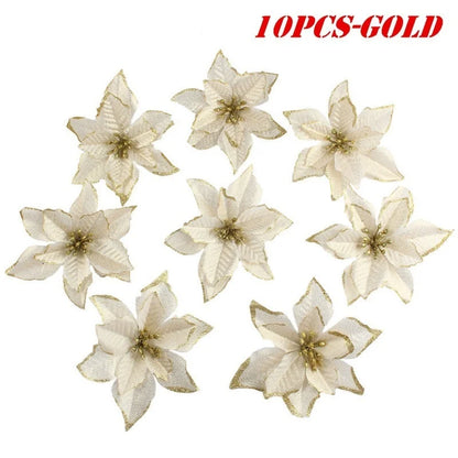 10Pcs Large Sequins Christmas Flower Glitter Poinsettia 5.5inch Artificial Flowers Christmas Tree Ornaments Home Decorations