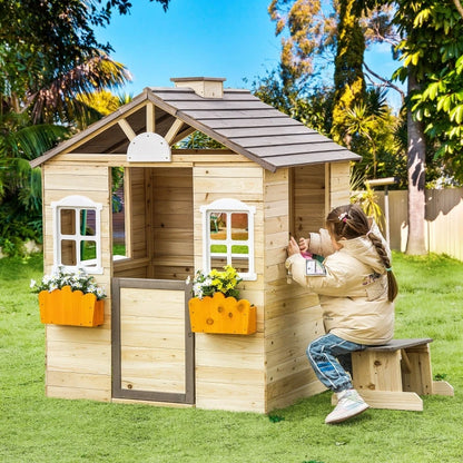 Wooden Kids Playhouse, Adventures Cottage, with Working Door, Windows, Bench, Service Station, Flowers Pot Holder