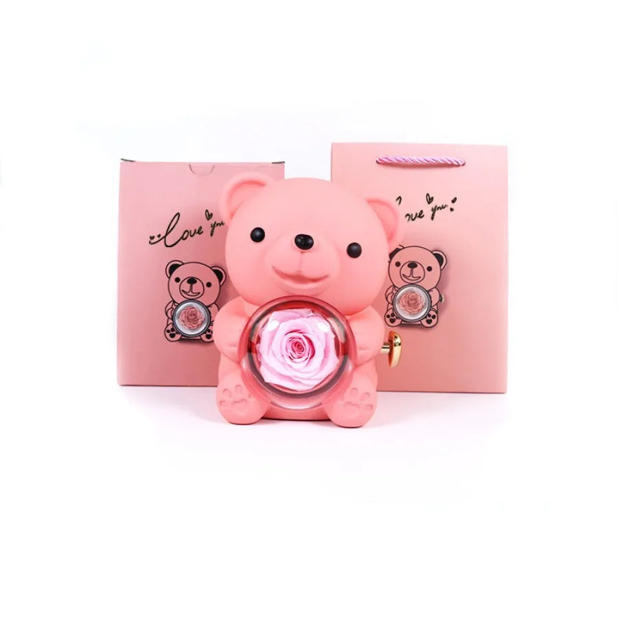 Valentine's Day Rose Hug Bear Jewelry Box Preserved Real Rose Gifts for Girlfriend Women Wife Mother's Day Birthday Anniversary