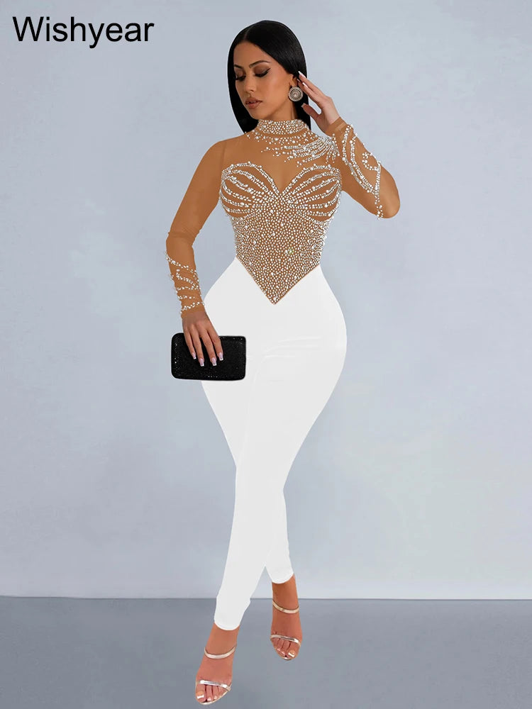 Wishyear Luxury Long Sleeve Mesh Patchwork Rhinestone Skinny Jumpsuits Women Sexy Night Club Rompers Birthday One Piece Oufits