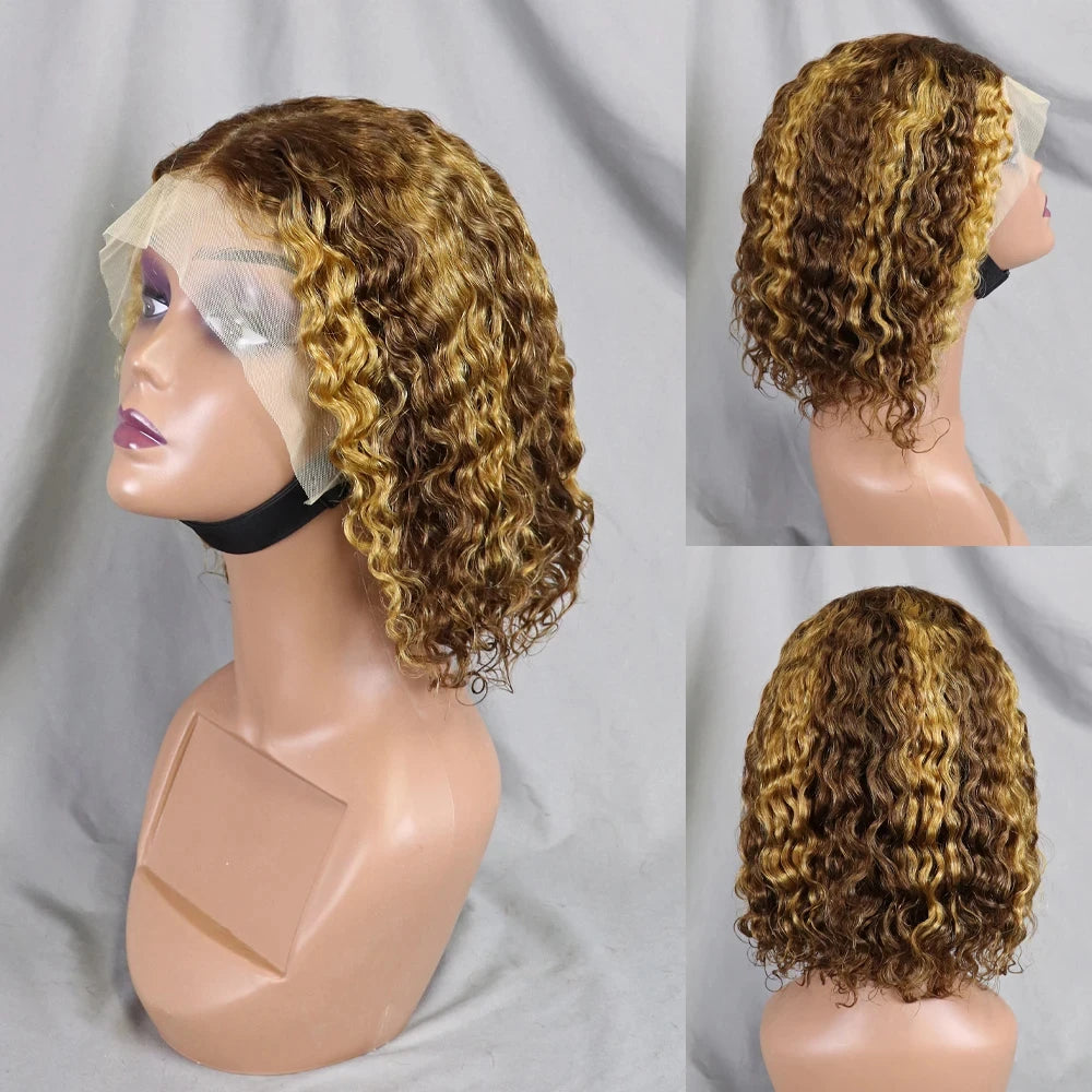 13x4 Lace Front Wigs 200% Density Bob Water Wave Wig 4/27 Human Hair Curly Human Hair with Baby Hair Wigs for Women 10-16 Inches