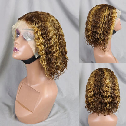 13x4 Lace Front Wigs 200% Density Bob Water Wave Wig 4/27 Human Hair Curly Human Hair with Baby Hair Wigs for Women 10-16 Inches