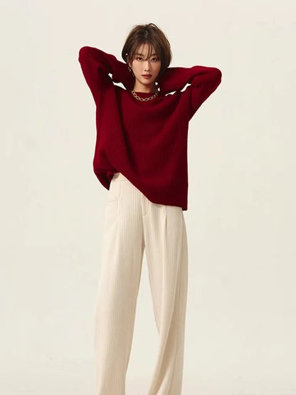 Turtleneck 100% cashmere sweater women loose thickening age reduction niche vintage red crewneck sweater women long sleeves