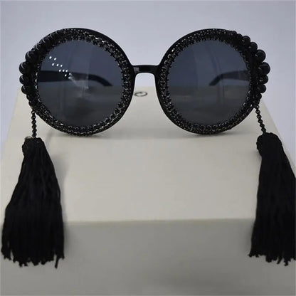 Baroque round sunglasses women tassel pearl rhinestones decoration sun glasses large frame round glasses female sunglasses