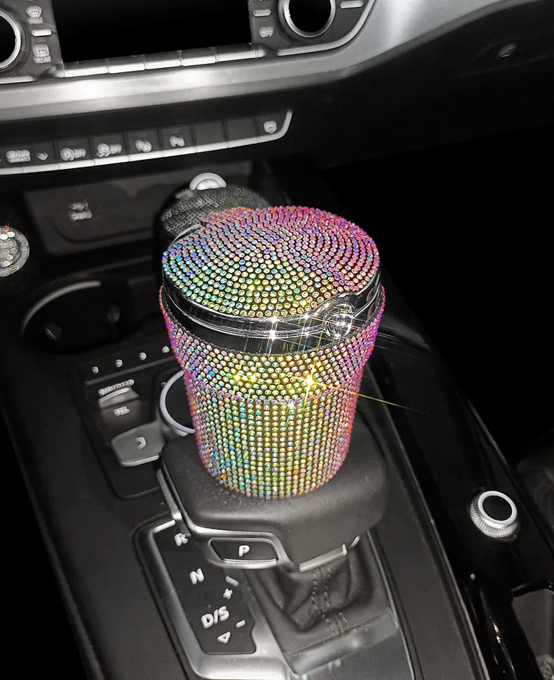 Crystal Diamond Car Ashtray Auto Portable Bling Cigarette Smokeless with LED Light Indicator Car Accessories for Women