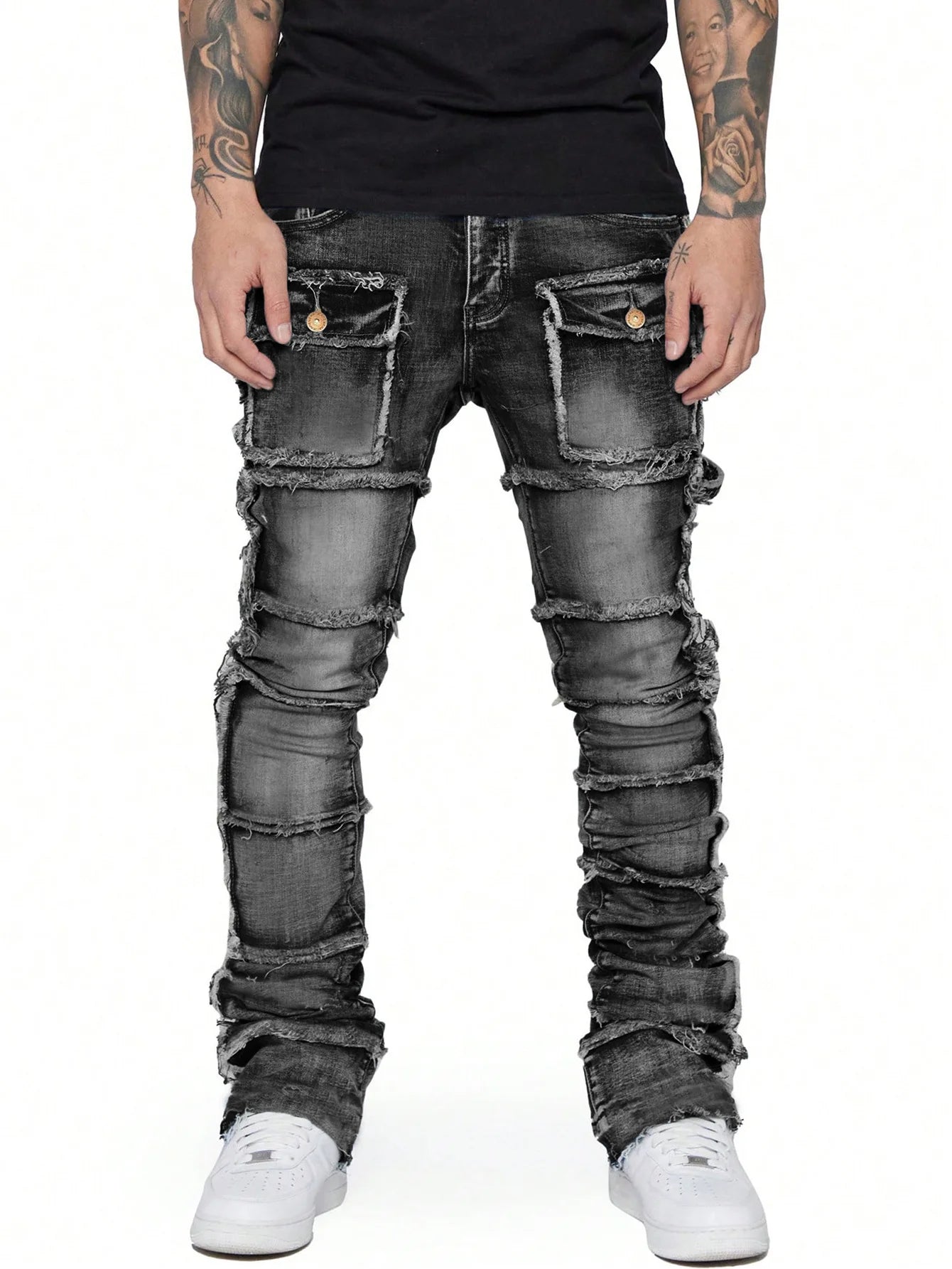 Trendy Men Jeans, European and American Fashionable Workwear with Patch, Elastic, Laminated and Slightly Flared Men Denim Pants.