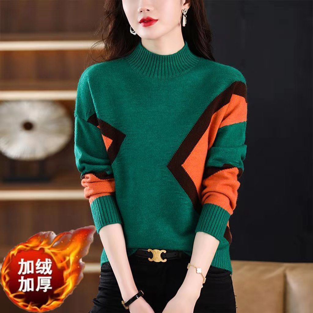 Velvet and Thickened Women's Top 2024 New Autumn/Winter Korean Edition Color Block Knitted Half High Neck Sweater