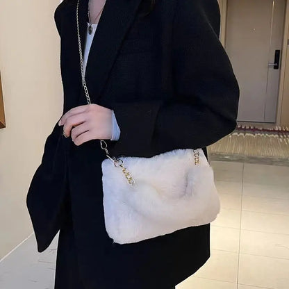 Winter Plush Tote Handbag Versatile Fluffy Shoulder Bag Soft Cute Chain Crossbody Bag Fashion Women Girls Small Square Handbag