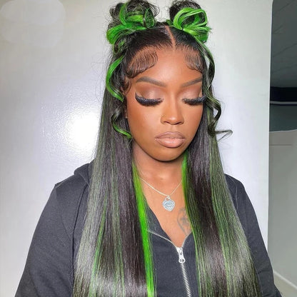 13x4 HD Highlight Green Straight Lace Frontal Wigs Ombre Human Hair Wigs Black and Green Highlight Long Straight Lace Front Wig