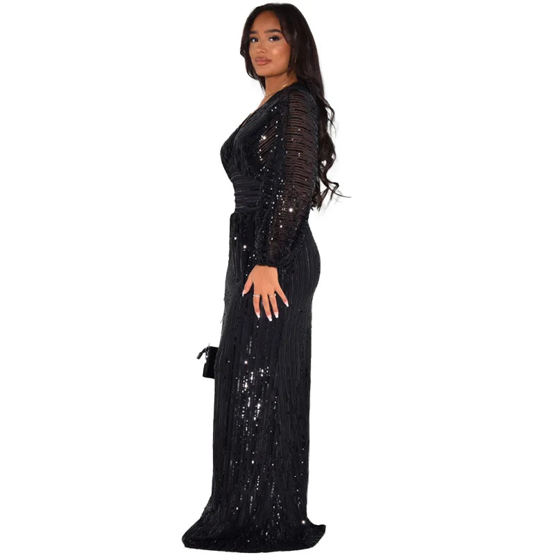 Women Sequins Splice Dress V Neck Full Sleeve A Line Evening Dresses Party Solid High Waist Long Skirts Office Lady Prom