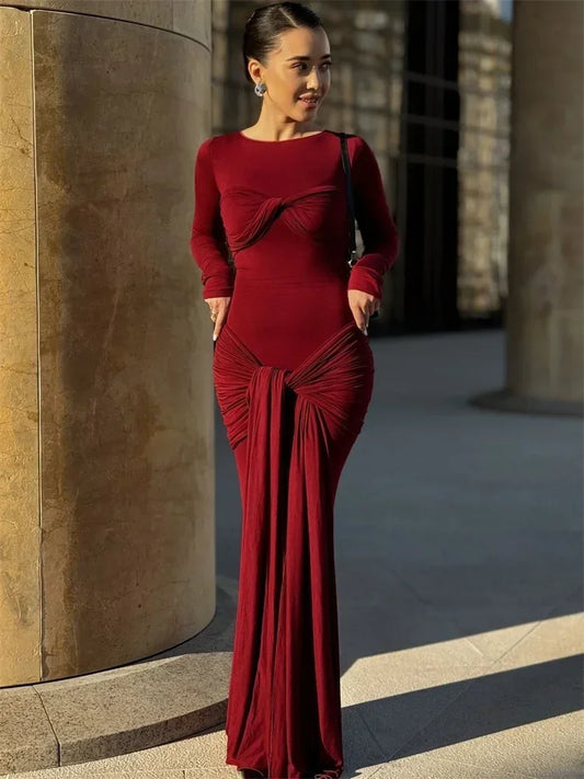 Tossy Female Pleated Sexy Maxi Dress Patchwork Twist Slim Long Sleeve Solid Y2k Autumn Streetwear Dress Women's Bodycon Dress