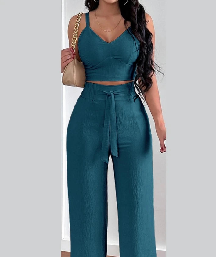 Two Piece Set Women Outfit 2024 Summer Fashion V-Neck Sleeveless Shirred Crop Top & Casual Pocket Design Wide Leg Pants Set