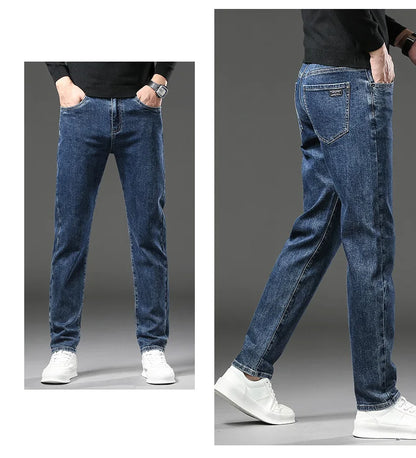 Winter Fleece Thick Warm Jeans Men's Slim Straight Elastic Denim Pants Casual Male Clothing Fashion Plush Trousers