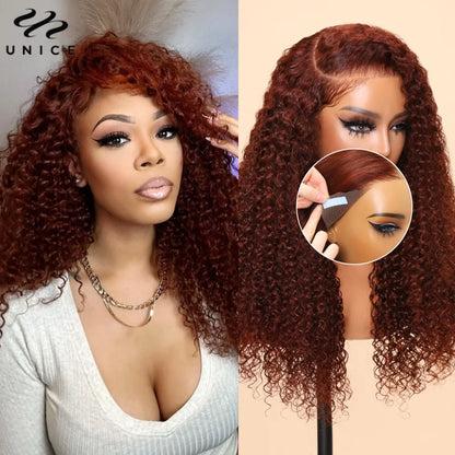 UNice Bye-Bye Knots Wig 7x5 Deep Curly Wear Go Glueless Wig Human Hair Reddish Brown Pre Cut Pre Bleached 13x4 Lace Frontal Wig