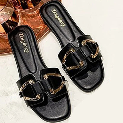 Women Metal Decor Single Band Flat Sandals Fashion Sexy Open Toe Outdoors Slides Luxurious Office Ladies Party Female Shoes