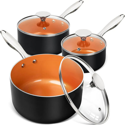 Ultra Nonstick Saucepan Set of 3, Ceramic Saucepans with Lids, 1 Qt & 2 Qt & 3 Qt Small Pot Set, Copper Sauce Pan with Lid